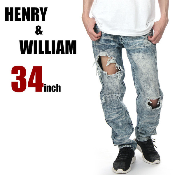 【34inch】【新品】HENRY&WILLIAM デニムパンツ 34インチ メンズ ヘンリー＆ウィリアム USAモデル ダメージ ケミカルウォッシュ ジーンズ