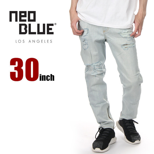 【スキニーデニム】【30inch】【新品】ネオブルー スキニー デニムパンツ 30インチ メンズ NEO BLUE USAモデル ダメージ ブリーチ ジーンズ