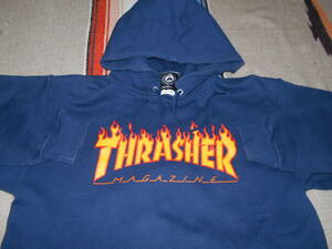 THRASHER MAGAZINE SanFrancisco スラッシャー 正規品 スウェット パーカー 紺 S ネイビー オールドスケート ファイヤーパターンSKATEBOARD