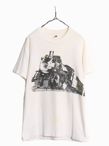 90s USA製 機関車 イラスト 両面 プリント Tシャツ メンズ M / 90年代 オールド 当時物 トレイン アート グラフィック シングルステッチ 白