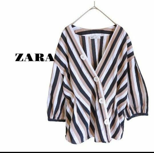 ZARA リネン混 カシュクール トップス ブラウス ストライプ ぽわん袖 M Vネック