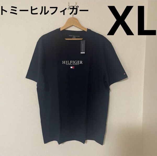 トミーヒルフィガー　濃紺プリント XL Tシャツ　一部刺繍