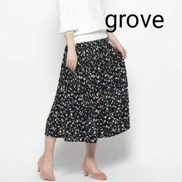 grove プリーツガウチョパンツ　花柄　黒　Мサイズ