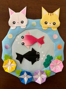 ハンドメイド　折り紙　リース　猫ちゃんと金魚