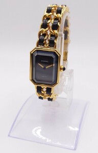 [SR-291] beautiful goods CHANEL Premiere lady's wristwatch quartz QZ black face L size Gold leather square operation goods 