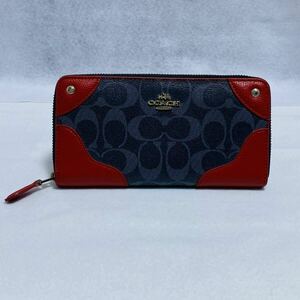 COACH コーチ 長財布 シグネチャー ラウンドファスナー ネイビー レッド 紺 赤