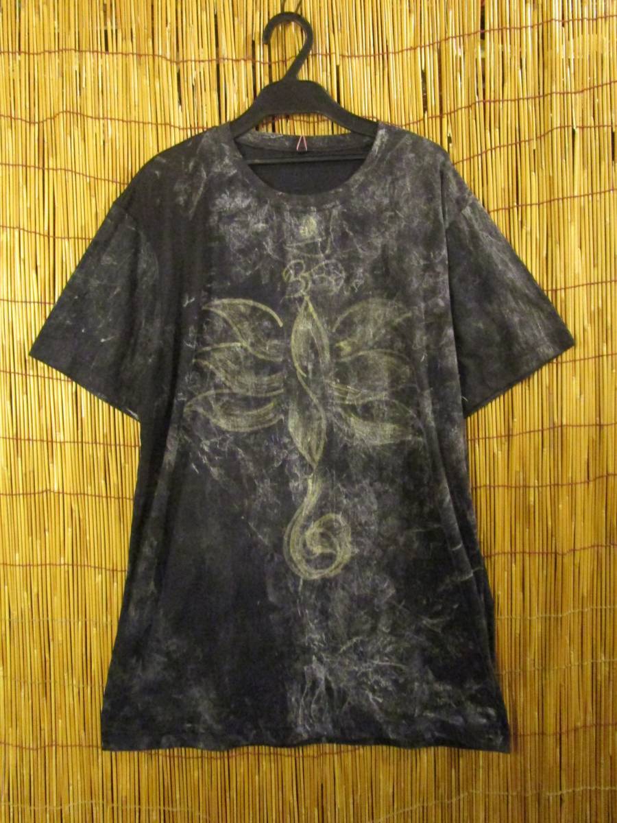 ②New *Unisex*Soft cotton material*Stone wash*Hand-painted lotus*Short sleeve T-shirt*L, L size, round neck, others