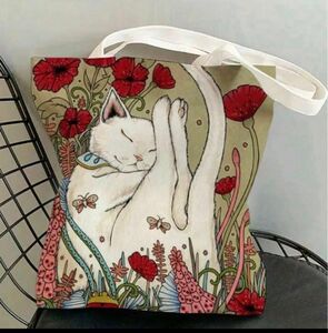 猫柄　トートバッグ　白猫　フラワー　キャンバス生地　ネコ　猫 ねこ柄トートバック