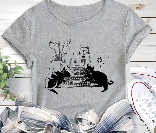 ミュージシャン猫ちゃん♪ 猫柄 半袖Tシャツ グレー