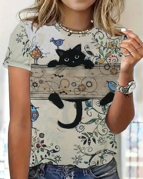 猫柄　半袖Tシャツ　黒猫