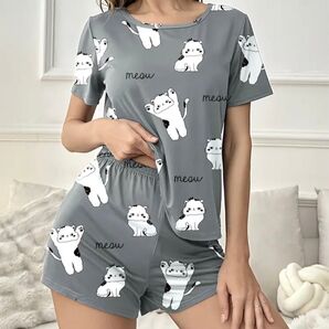 バンザイ猫ちゃん♪ 猫柄 半袖パジャマ 部屋着 ルームウェア Lサイズ