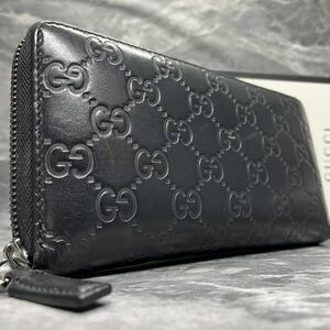 【極美品】 GUCCI グッチ メンズ ビジネス 長財布 ラウンドファスナー 型押し シマ GG柄 レザー 本革 ブラック 黒 レディース 小銭入れ