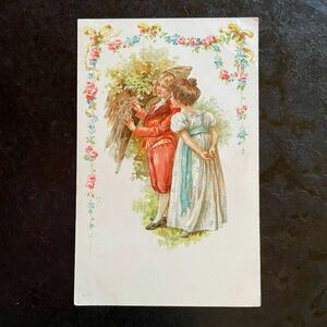 1905年消印 アンティーク ポストカード ★ 少年 少女 カップル 女の子 子供 花のガーランド イギリス フランス 絵葉書