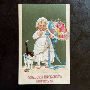 Marie Flatscherf защелка .-* античный открытка имя. день праздник ребенок девочка кошка кошка . кошка букет en Boss Германия открытка с видом 
