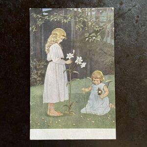 1924年消印 アンティーク ポストカード ★ 天使 エンジェル 子供 少女 女の子 白百合 花 キリスト ドイツ 絵葉書