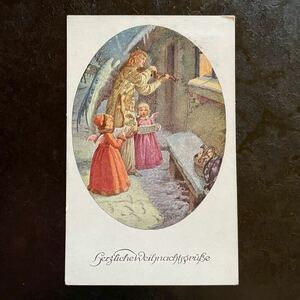 H. Schubert ★ 1929年消印 アンティーク ポストカード クリスマス 天使 エンジェル 大天使 聖歌 楽譜 子供 女の子 オーストリア 絵葉書
