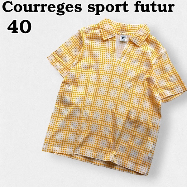 美品　クレージュ スポーツフューチャー　スキッパー　襟付きTシャツ　幾何学模様　レディース40　Courreges sport futur　240528-05