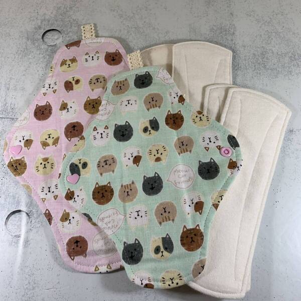 ハンドメイド 布ナプキン ホルダー*パッド 6点セット 猫柄Wガーゼ