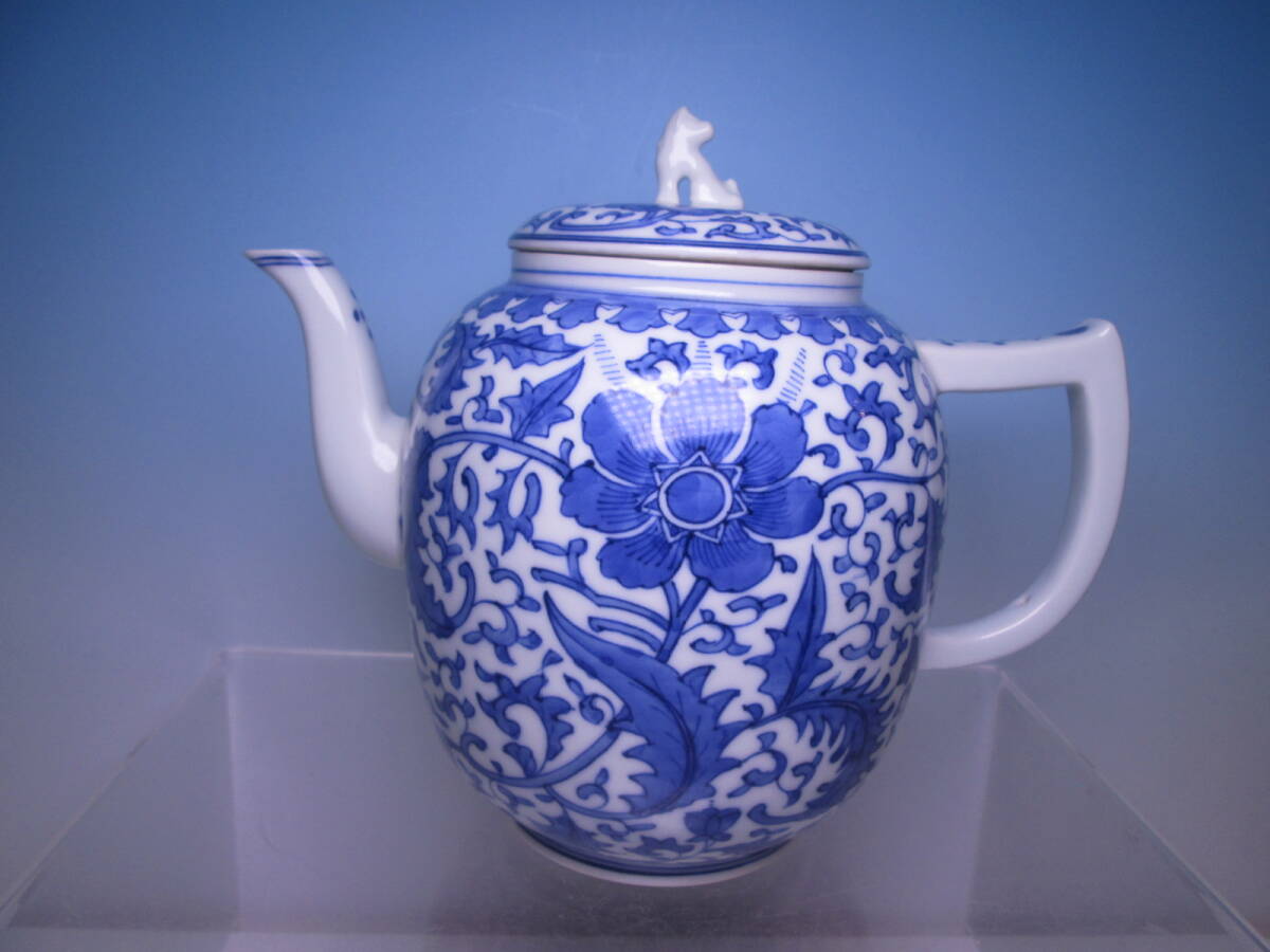 京焼 平安土山松泉造 染付古紋青華祥瑞文 濃味 水注 急須 獅子摘 京焼 平安土山松泉造 染付古紋青華祥瑞文 濃味 水注 急須 獅子摘