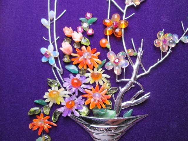 ☆ Flores en un jarrón con marco de ópalo PLATA, Rubí, Zafiro azul, Coral genuino, Amatista, Certificado de turmalina incluido., Obra de arte, Cuadro, otros