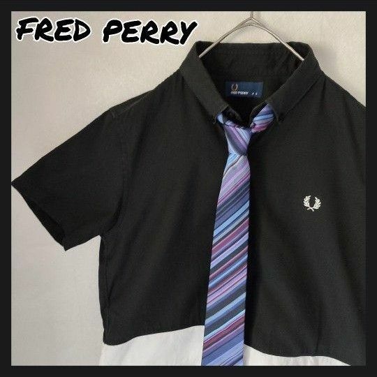 フレッドペリー 半袖ネクタイ シャツ 刺繍ロゴ ストライプ ツートンカラー 古着