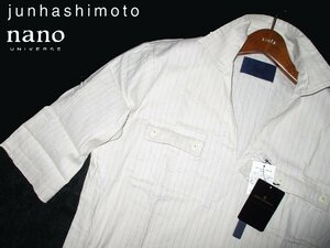 新品 リネン 麻 M 定価1.74万 ▼ ナノユニバース × junhashimoto 5分袖 / 半袖シャツ ストレッチ スキッパー アイボリーst 白系