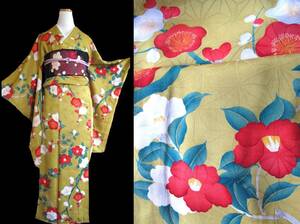 赤白椿に梅　カラシ地紋錦紗　麻の葉　アンティーク着物　レトロ浪漫