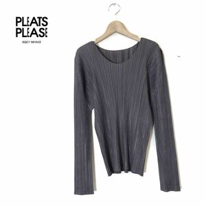 G2709-N◆美品◆ PLEATS PLEASE ISSEY MIYAKE プリーツプリーズ 長袖カットソー Vネック 通年 ◆ size4 グレー系 ポリエステル