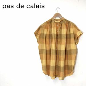 G2315-U-N◆pas de calais パドカレ シャツブラウス 半袖 薄手 チェック柄 フレンチナチュラル カジュアル◆size 36 イエロー系 綿 麻