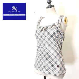 R105-F◆ BURBERRY BLUE LABEL バーバリーブルーレーベル ノースリーブカットソー キャミソール チェック 総柄◆38 コットン ベージュ 古着