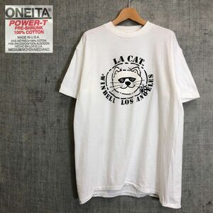 G2367-F-N◆ 80s ◆ old ◆ LA CAT WIN BELL 半袖Tシャツ カットソー USA製 ◆ sizeL コットン100 ホワイト 古着 メンズ 春夏