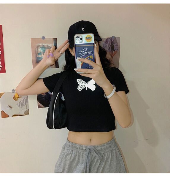Tシャツ ミニTシャツ ショート丈 韓国 バタフライ 蝶 シズニルック 黒 夏 新品未使用 即日発送