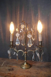 アンティーク　フランス　ガラス装飾　2灯テーブルランプ B [ws-152]　ライト　照明　店舗什器