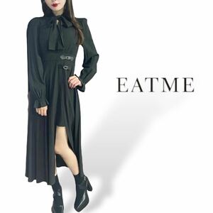 イートミー EATME ボウタイ マキシワンピース ラップ風 レイヤード ベルト ロング 長袖 黒 S