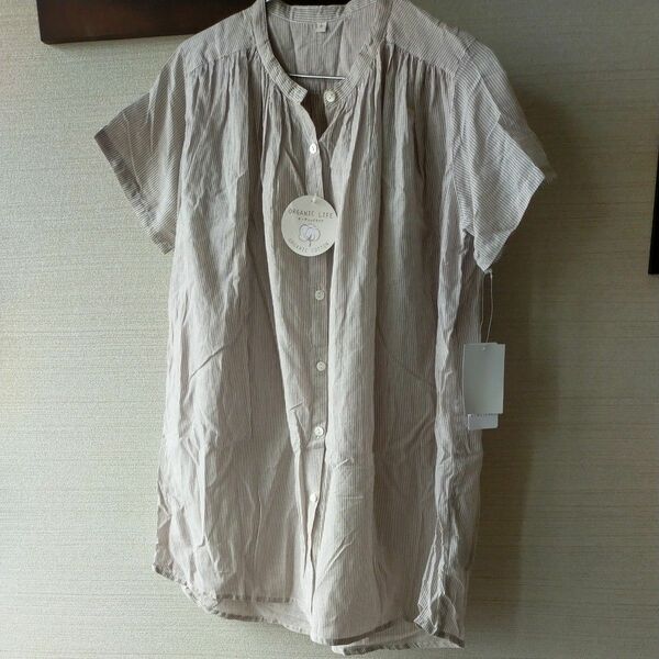 オーガニックライフ　 半袖 ロングシャツ ワンピース ストライプ ベージュ Lサイズ　オーガニックコットン　インド綿