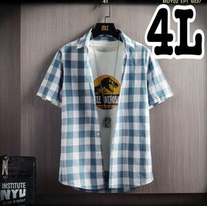 23メンズ大きいサイズ半袖ブロックチェックシャツブルー3XL新品未使用シャツ
