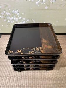 H25-9 lacquer ware . seat serving tray wooden lacquer ware pair attaching four person serving tray gold paint Hagi lacqering 5 customer collection size : one side 30cm, height 6.8cm box less .