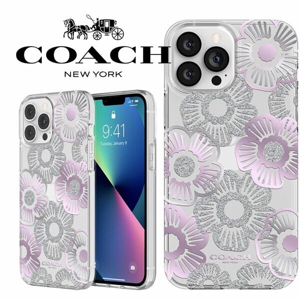 新品 コーチ Coach パープルローズ iPhone13ProMax ケース 透明ケース かわいい スマホケース