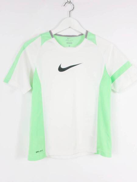 ナイキ NIKE Tシャツ スポーツウェア ロゴプリント メッシュ切替 半袖 M ホワイト ライトグリーン キッズ 中古 /GK