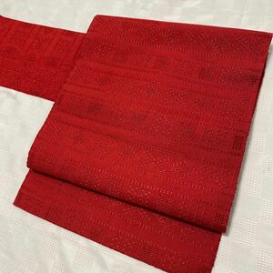 透け感のある織柄名古屋帯　赤　着物帯　