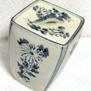 加藤五陶作 菊安南 水指 角 茶道具 陶器 茶道 安南焼 11cm×15.5cm ■茶道家所蔵品 駒A ■佐028