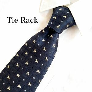 美品 タイラック Tie Rack シルク 絹 100% ネイビー 黄 日本製 セッテピエゲ ブランドネクタイ ビジネス カジュアル フォーマル 馬柄 高級