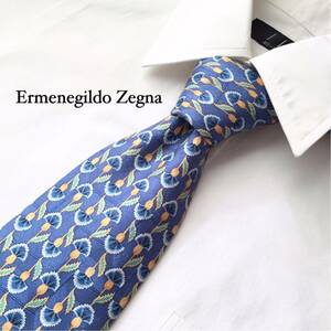美品 Ermenegildo Zegna エルメネジルドゼニア シルク 絹 ネクタイ 花柄 ブルー系 イタリア製 高級感 ビジネス フォーマル カジュアル 