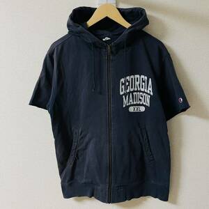 Champion チャンピオン　パーカー ジップアップ 半袖　古着　バータグ　紺　メンズ　L