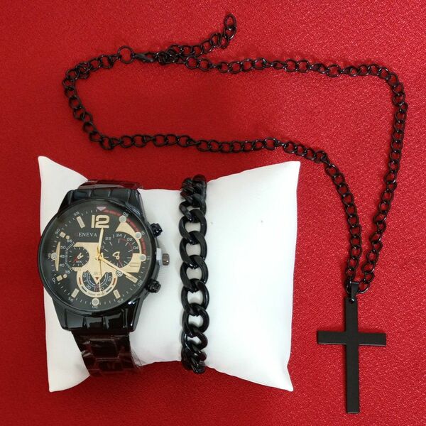 新品 腕時計(電池)クウォーツ 黒、チェーンブレスレット、ネックレス セット