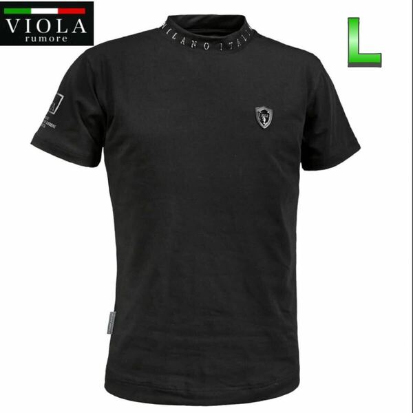ヴィオラ プリントモックネック半袖Tシャツ 半袖モックネック ブラック Lサイズ ゴルフ ハイネック VIOLA rumore（ヴィオラルモーレ）
