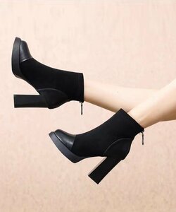 ショートブーツ 太ヒールブーティ 美脚靴 22.5cm ブラック