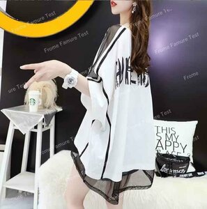 韓国風 女夏新しい メッシュパネルTシャツ 半袖Tシャツ 気質 ファッションTシャツ S ブラック
