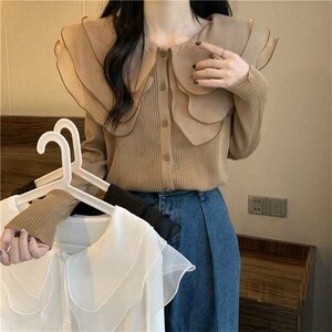 カーディガン 春秋 スリム 大きいサイズ フリル 長袖 ニットトップス 3XL マスタード