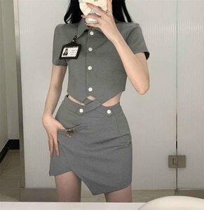  tight skirt + tops 2 point set miniskirt short S gray 